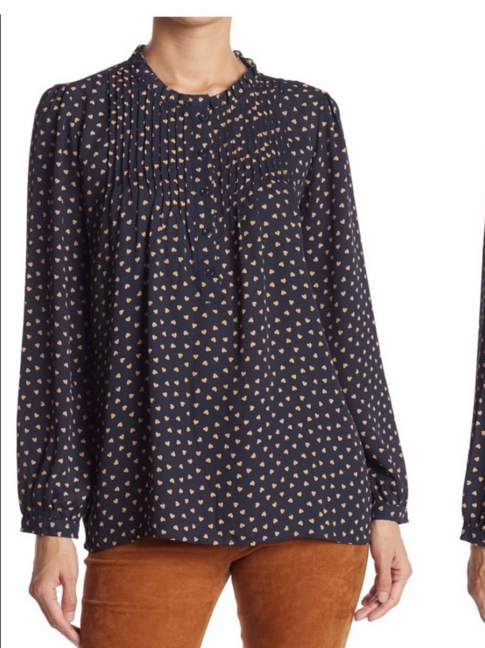Adrianna Papel Navy Heart-Print Pintuck Blouse